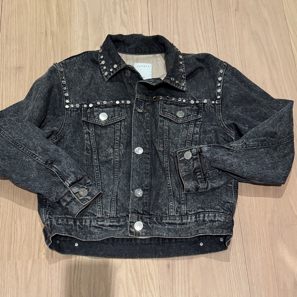 SANDRO Mirrored Studded Gray Washed Denim Jeans Jacket Cotton Size 38 - Picture 6 of 9